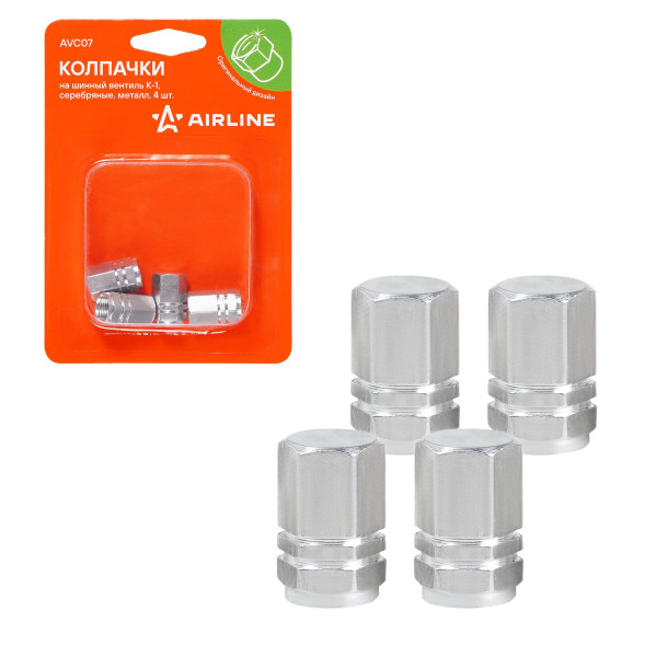 Колпачки на шинный вентиль K-1, серебряные, металл, 4 шт. (AVC07) AIRLINE