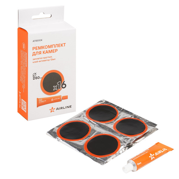 Ремкомплект для камер, заплатки круглые D50 мм - 16 шт., клей-активатор 12мл (ATRS104) AIRLINE