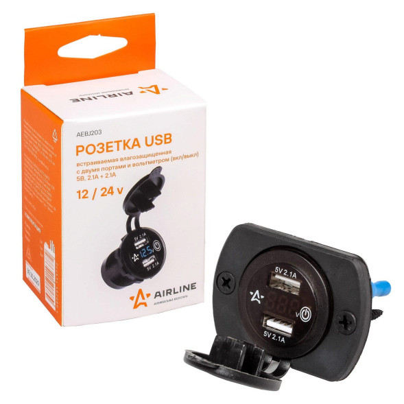 Розетка USB встраиваемая влагозащ. с 2 портами и вольтметром(5В, 2.1А + 2.1А) (AEBJ203)  AIRLINE