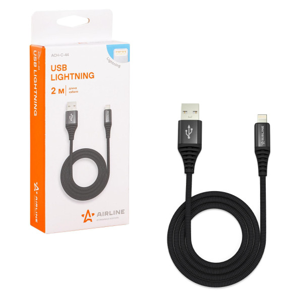 Зарядный Кабель USB - Lightning (Iphone/IPad) 2м, черный нейлоновый (ACH-C-44) AIRLINE
