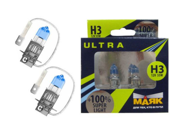 Лампа Н3 12- 55 PK22s Super Light +100% 2 шт.МАЯК ULTRA