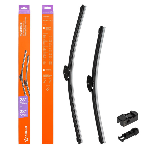 Щетки стеклоочистителя 700/700 мм (28&amp;quot;/28&amp;quot;) бескаркасные 2 шт., 3 адптр (AWB-BK-700-700K) AIRLINE
