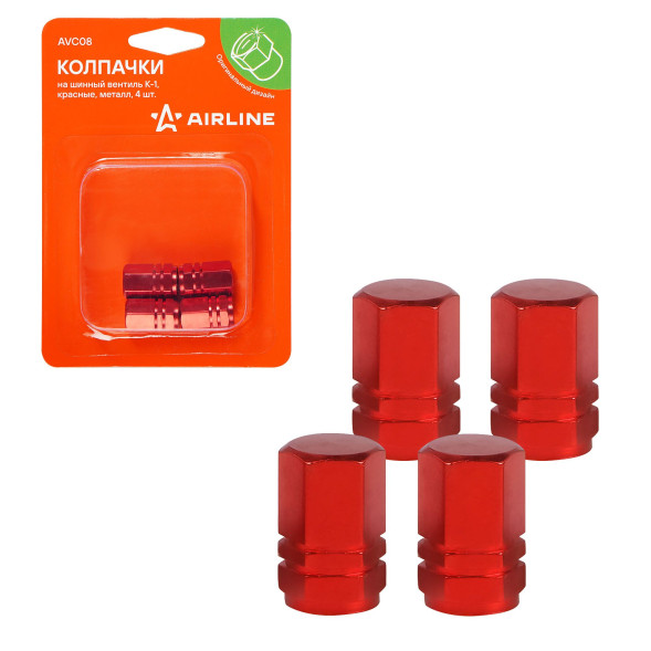 Колпачки на шинный вентиль K-1, красные, металл, 4 шт. (AVC08) AIRLINE