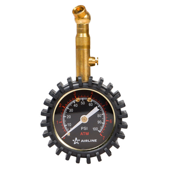 Манометр стрелочный металл. 7АТМ диам. 50мм обрезин. с клапаном сброса PRO (AEAS002) AIRLINE