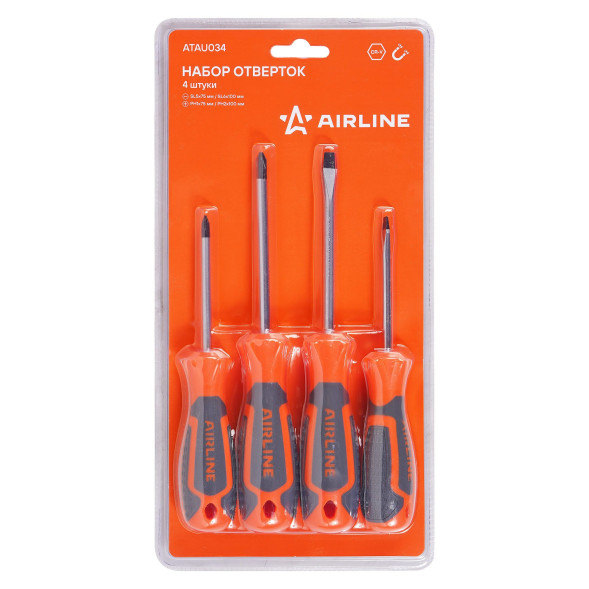 Набор отвёрток 4 пр. (SL5x75mm, SL6x100mm, PH1x75mm, PH2x100mm) блистер (ATAU034) AIRLINE