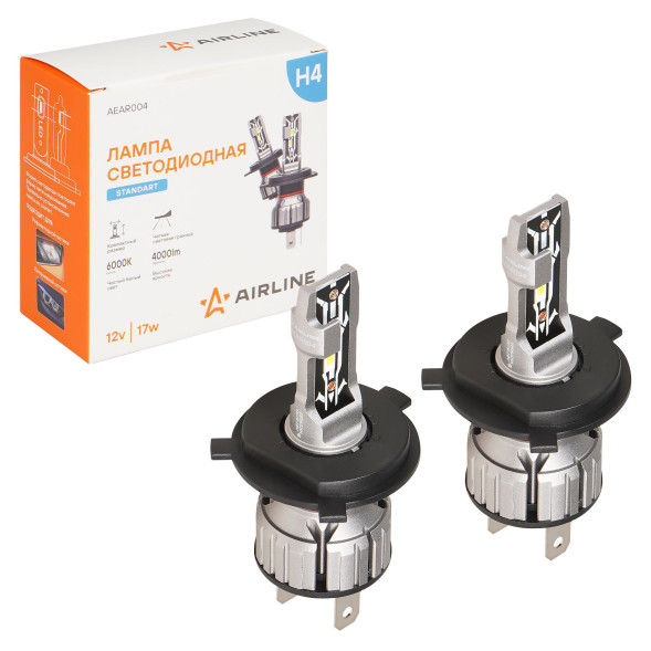 Лампa светодиод. H4, 12В, 17Вт, 6000К(Бел), 4000Лм, для рефлект./линз. кмпл. 2шт. STANDART (AEAR004)