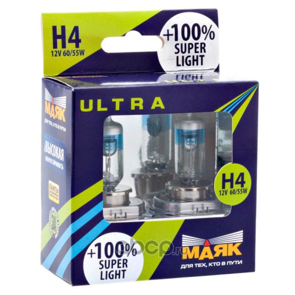 Лампа Н4 12- 60/55 P43t Super Light +100% 2шт МАЯК ULTRA
