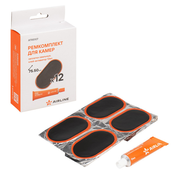 Ремкомплект для камер, заплатки овальные 75*50 мм - 12 шт., клей-активатор 12мл (ATRS107) AIRLINE