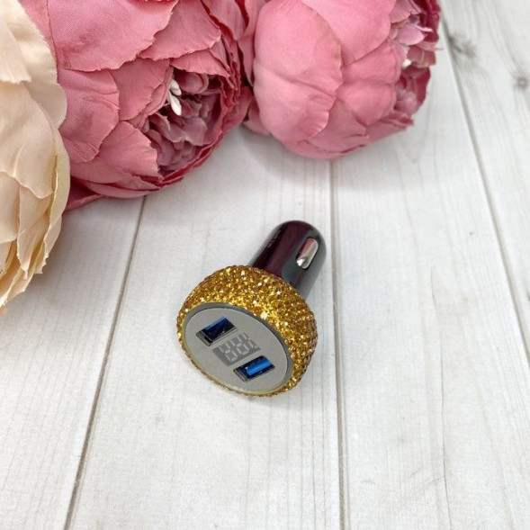 Разветвитель прикуривателя со стразами на 2 USB золотой ПС-308