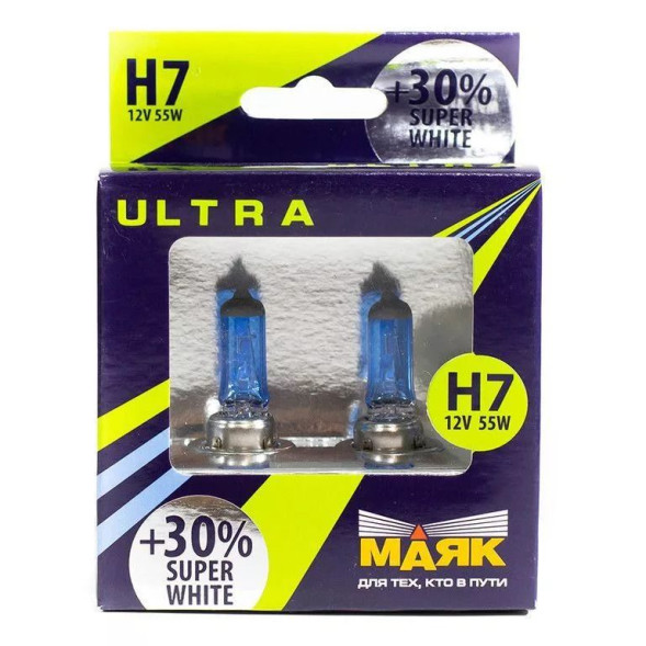 Лампа Н7 12- 55 PX26d Super White +30% 2шт МАЯК ULTRA