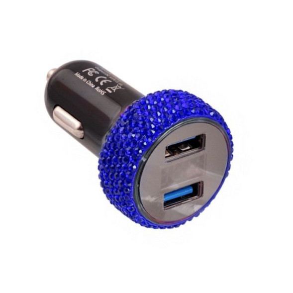 Разветвитель прикуривателя со стразами на 2 USB синий ПС-301