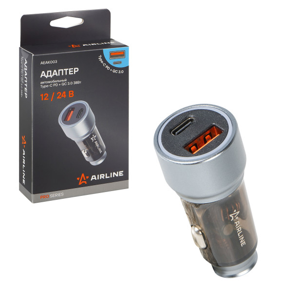 Адаптер автомобильный Type-C PD + QC 3.0 38Вт, 12/24В PRO (AEAK003) AIRLINE