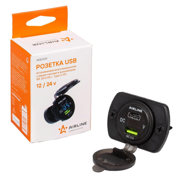 Розетка USB встраиваемая влагозащ. с 2 портами и вольтметром (AEBJ200) AIRLINE