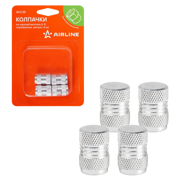 Колпачки на шинный вентиль K-9, серебряные, металл, 4 шт. (AVC35) AIRLINE