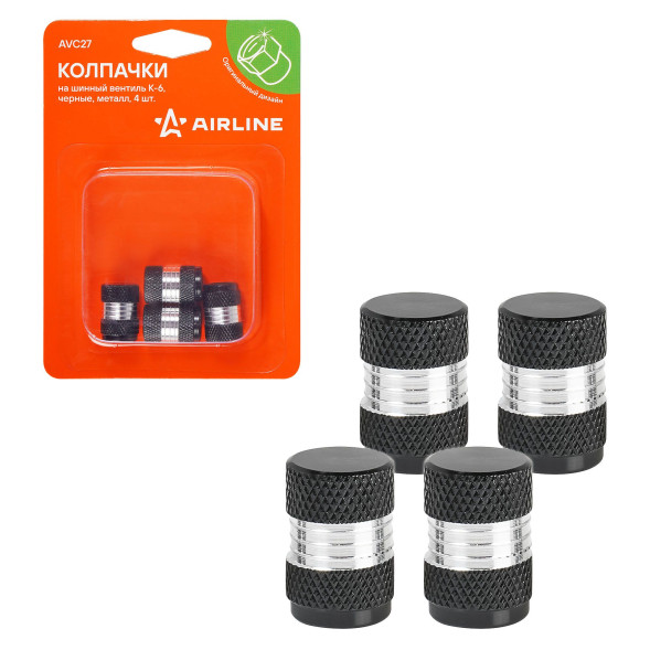 Колпачки на шинный вентиль K-6, черные, металл, 4 шт. (AVC27) AIRLINE