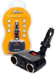 Прикуриватель-разветвитель трансформер на 2 гнезда + 2USB, штекер-фиксатор (ASP-2TU-08) AIRLINE