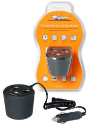 Прикуриватель-разветвитель 2 гнезда + 2USB в подстаканник с индик. зар.АКБ обрез.(ASP-2U-12) AIRLINE