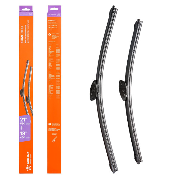 Щетки стеклоочистителя 530/450мм (21&amp;quot;/18&amp;quot;) бескаркасные 2 шт., 1 адптр (AWB-BK-530-450K) AIRLINE
