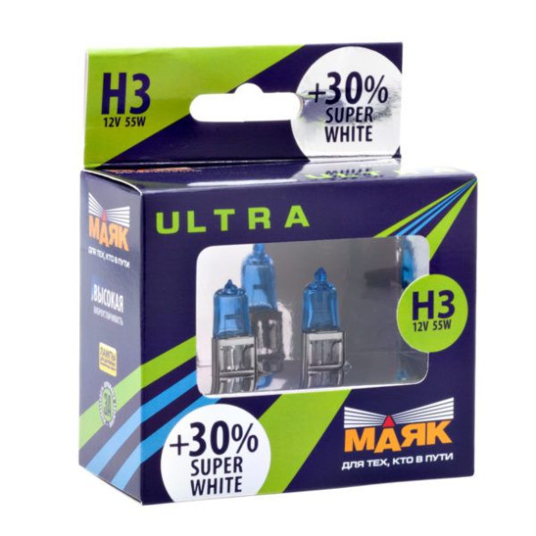 Лампа Н3 12- 55 PK22s Super White +30% 2шт. МАЯК ULTRA