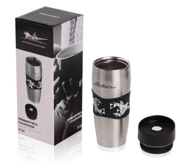 Термокружка с клапаном, 380 мл., металлик (IT-02) AIRLINE