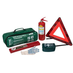 Набор автомобилиста Техосмотр, ГОСТ (Знак+Аптечка+Огнетушитель ОП2+Перчатки) STVOL