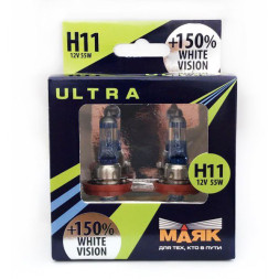 Лампа Н11 12- 55 PGJ19-2 White Vision +150% 2шт МАЯК ULTRA