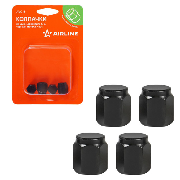 Колпачки на шинный вентиль K-3, черные, металл, 4 шт. (AVC15) AIRLINE