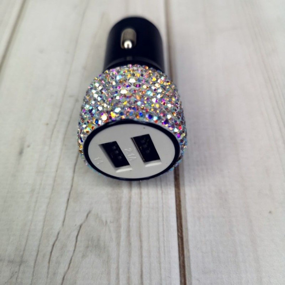 Разветвитель прикуривателя со стразами на 2 USB перламутр ПС-300