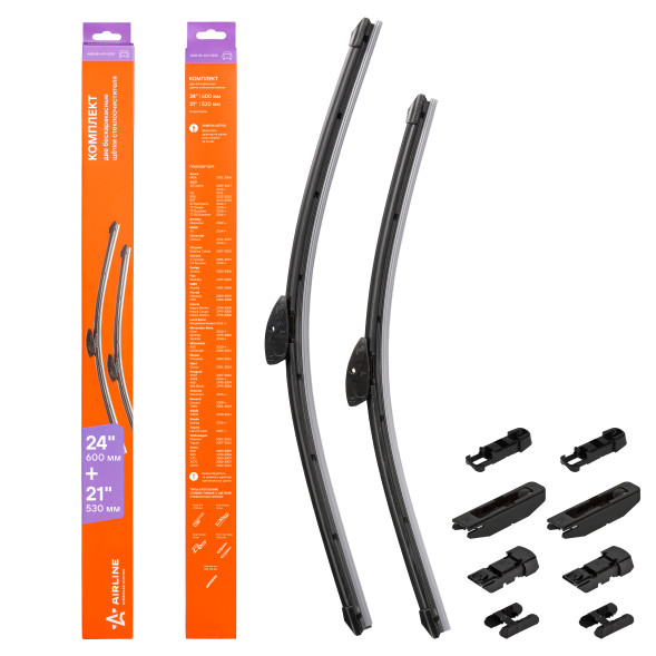 Щетки стеклоочистителя 600/530мм (24&amp;quot;/21&amp;quot;) бескаркасные 2 шт., 5 адптр (AWB-BK-600-530K) AIRLINE