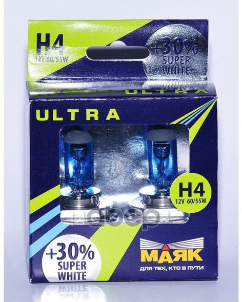 Лампа Н4 12- 60/55 P43t Super White +30% 2шт МАЯК ULTRA