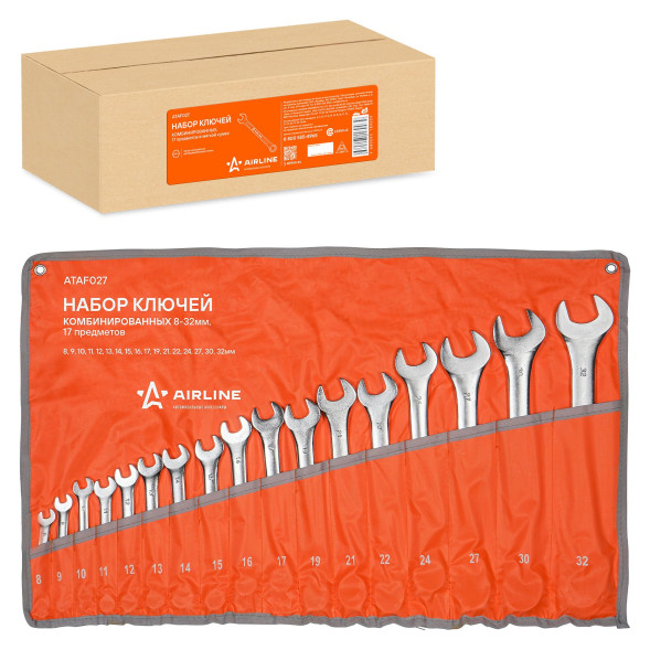 Набор ключей комбинир. 17 предм. (8,9,10,11,12,13,14,15,16,17,19,21,22,24,27,30,32мм)сумка(ATAF027)