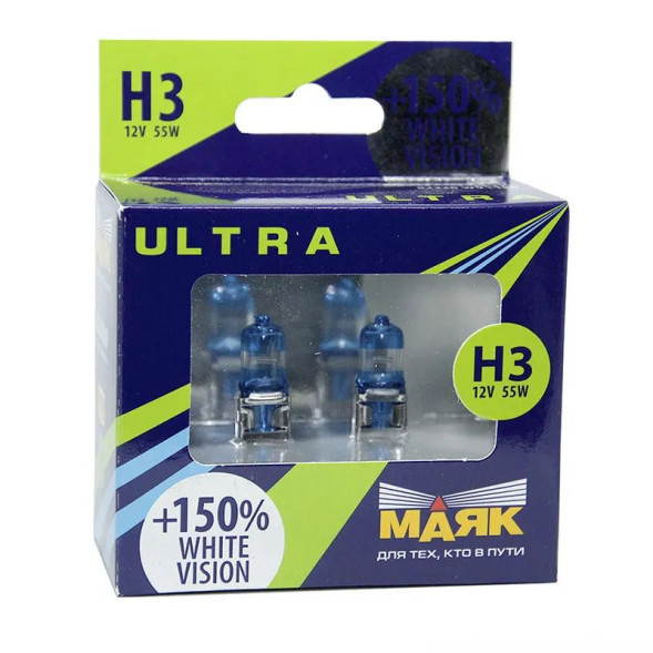 Лампа Н3 12- 55 PK22s White Vision +150% 2шт МАЯК ULTRA